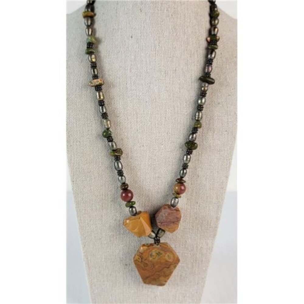 Vintage Artisan Jasper Gemstone And Freshwater Pearl Statement Necklace 21.5